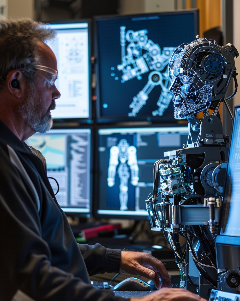 Engineer working with an advanced humanoid robot at a multi-monitor AI workstation